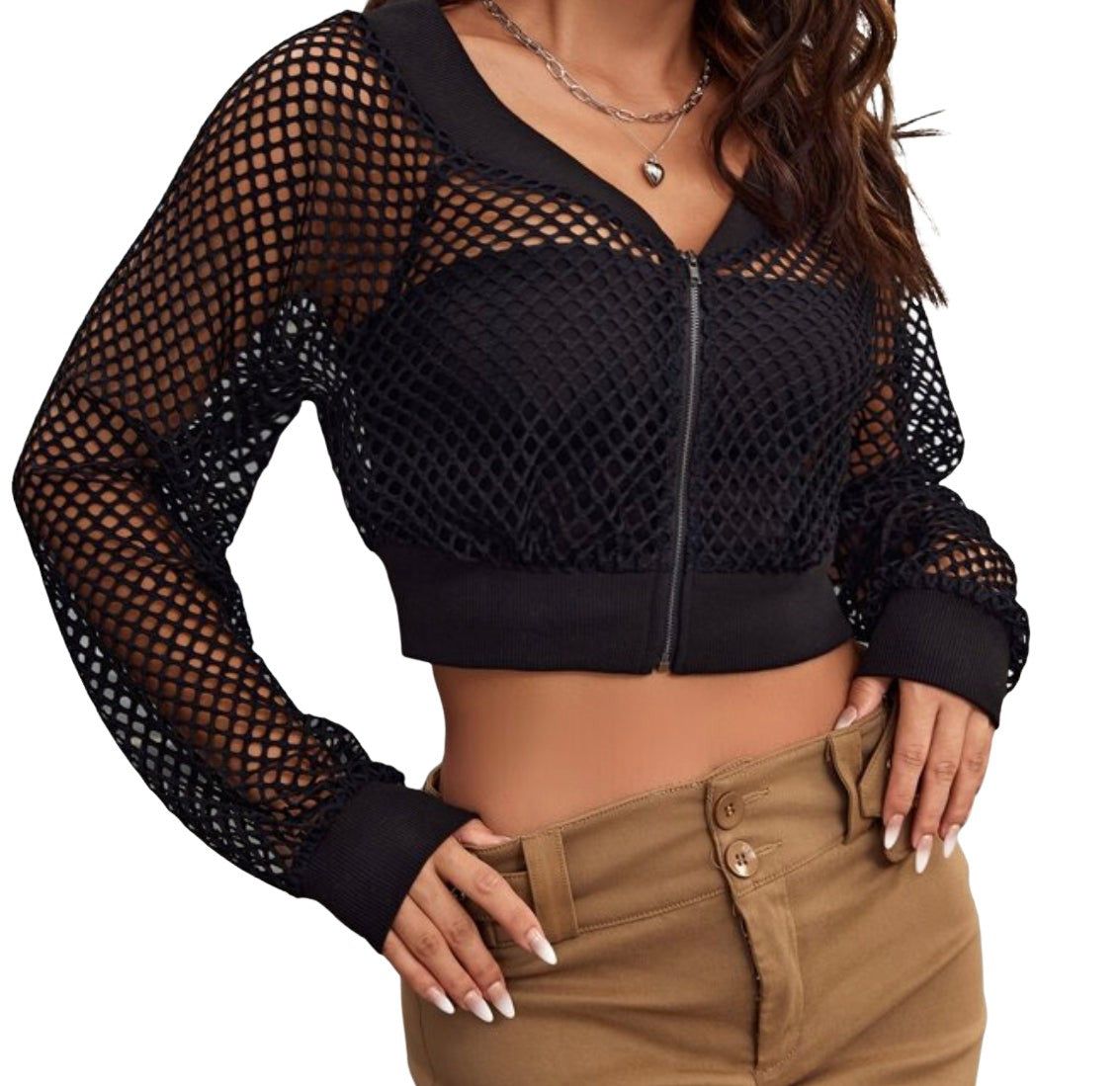 THIGHBRUSH Fishnet Cropped Zipper Jacket Black
