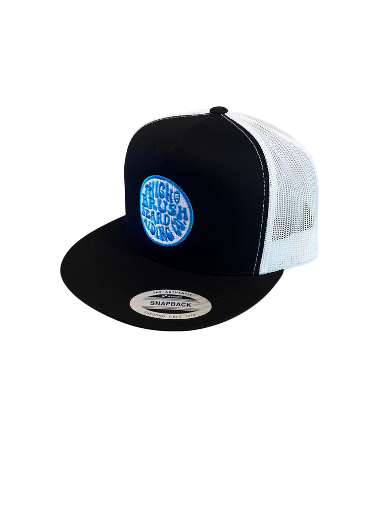 THIGHBRUSH® BEARD RIDING COMPANY - Trucker Snapback Hat - Black and White - Flat Bill - Neon Blue