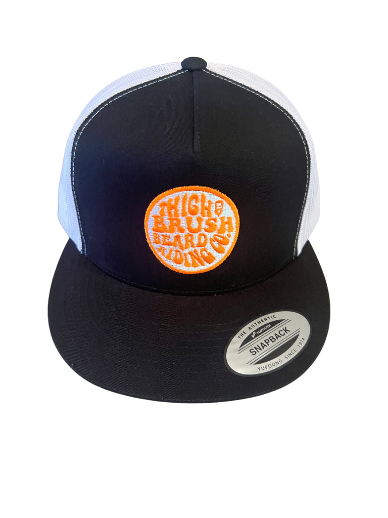 THIGHBRUSH® BEARD RIDING COMPANY - Trucker Snapback Hat - Black and White - Flat Bill - Neon Orange