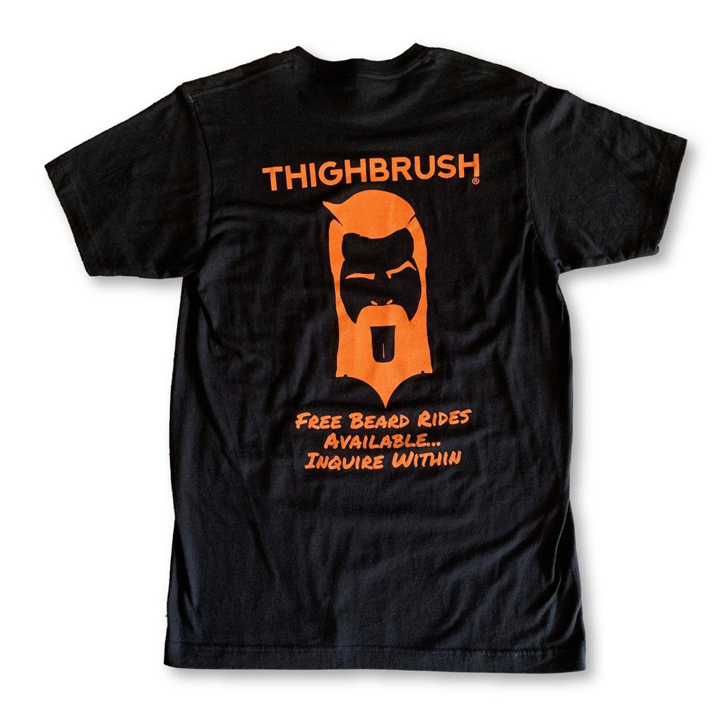 THIGHBRUSH® - "FREE Beard Rides Available...Inquire Within" Men's T-Shirt - Black with Orange - thighbrush