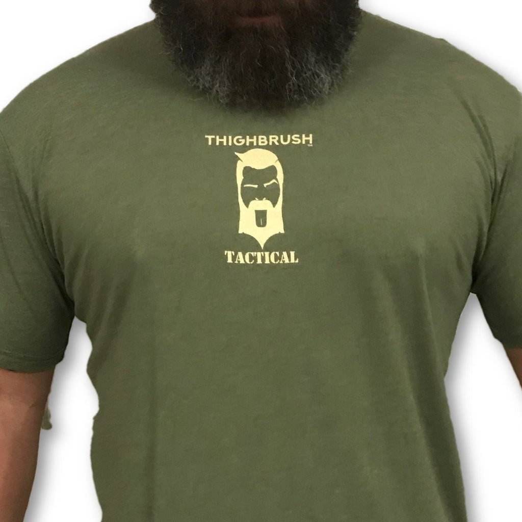 THIGHBRUSH TACTICAL - "Always Keep Your Action Well Lubricated" - Men's T-Shirt - Olive and Tan - thighbrush