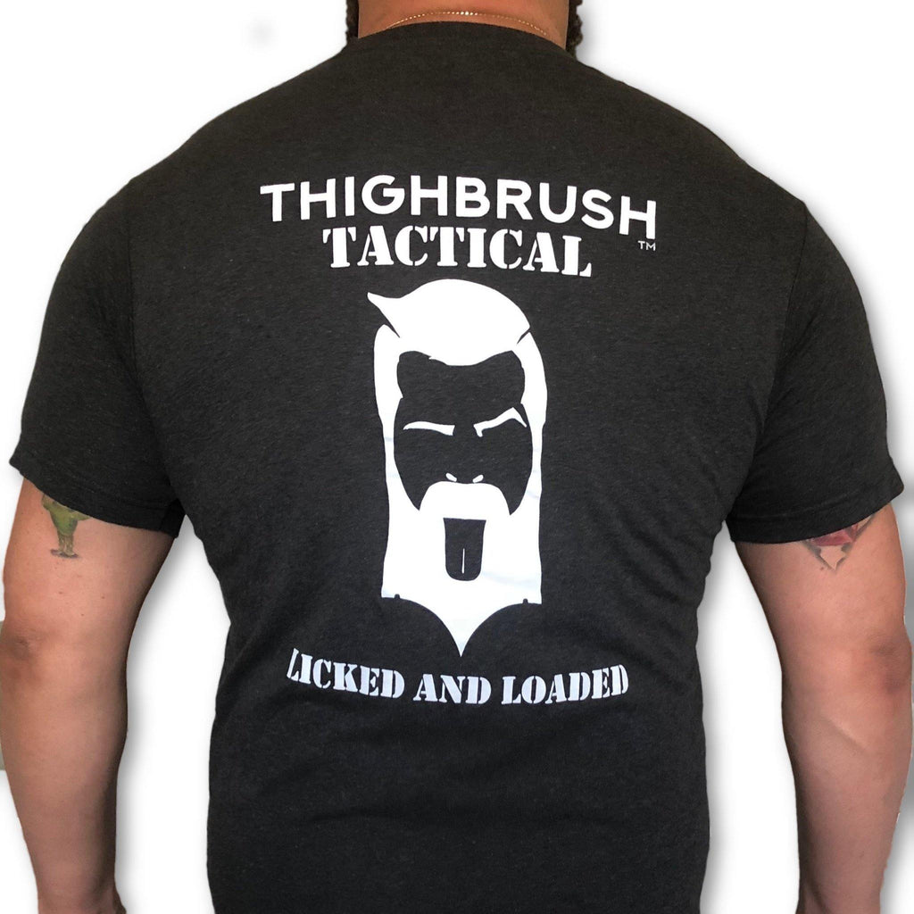 THIGHBRUSH® TACTICAL - "Licked and Loaded" - Men's T-Shirt - Heather Black and White - thighbrush
