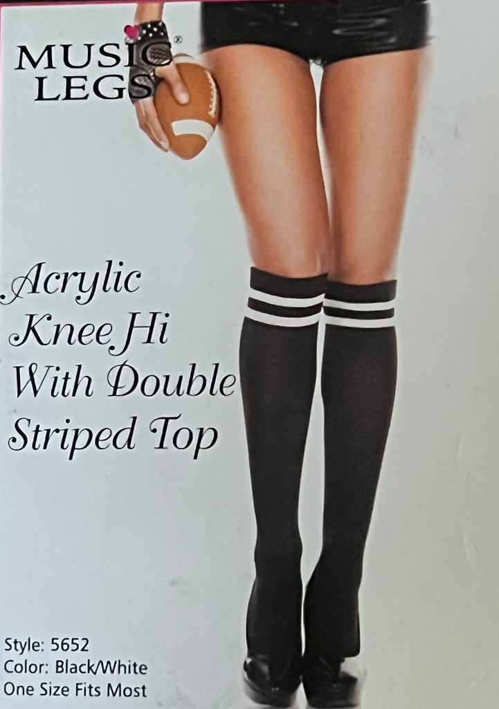 THIGHBRUSH® - Knee Hi Socks  - Double Striped Top - Black - Plain