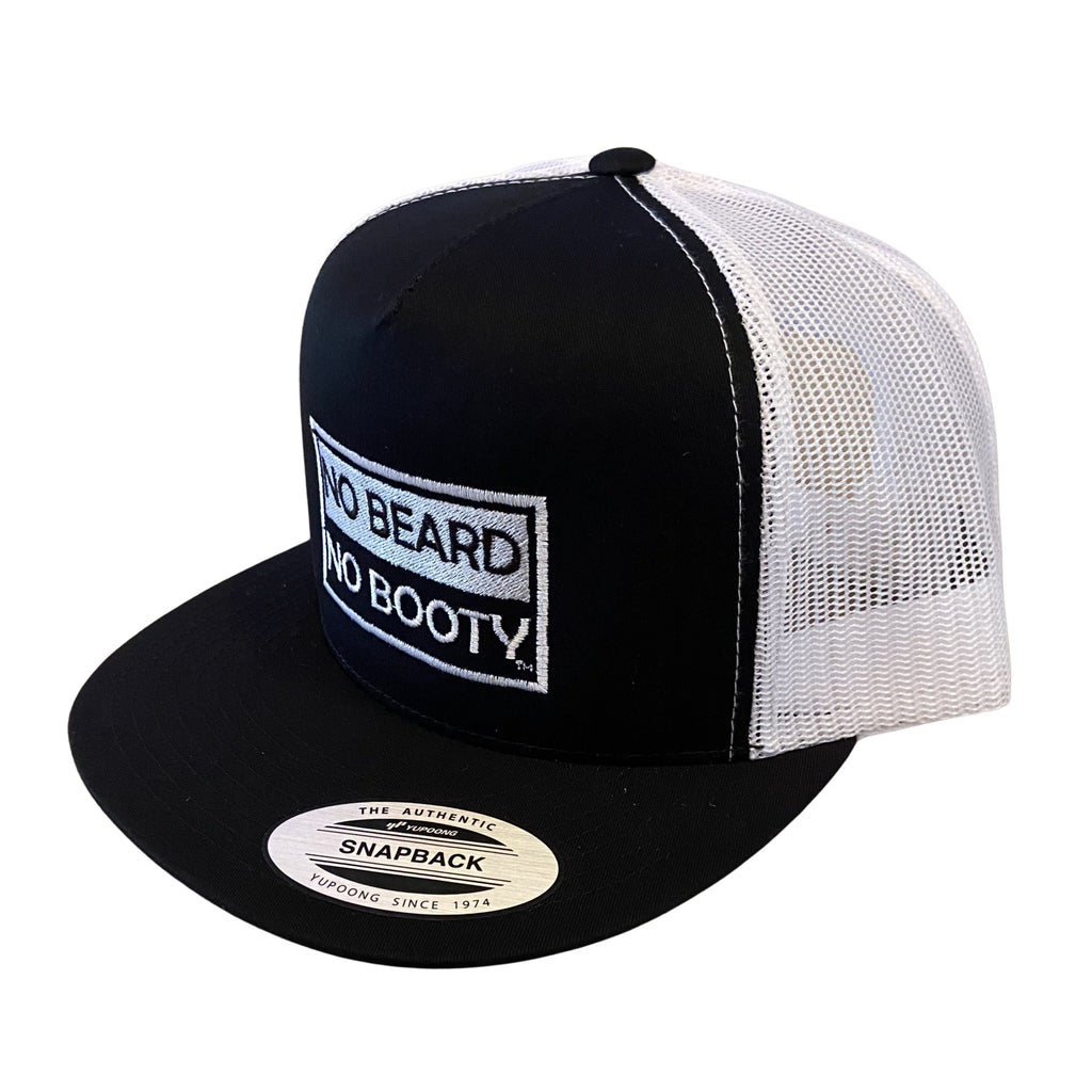 NO BEARD NO BOOTY® COLLECTION by THIGHBRUSH® - TRUCKER FLATBILL SNAPBACK HAT - BLACK AND WHITE