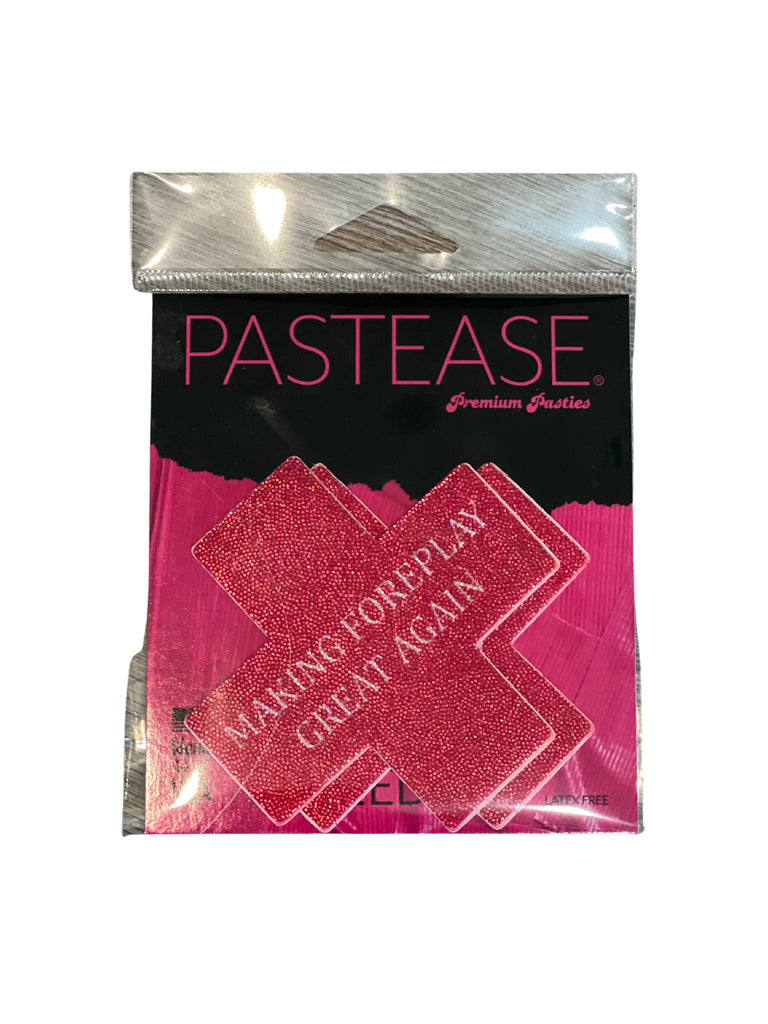 PASTEASE® Premium Pasties - THIGHBRUSH® "Making Foreplay Great Again" - Cross in Red Glitter