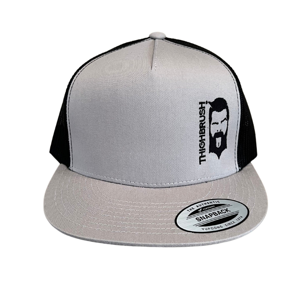 THIGHBRUSH® - Trucker Snapback Hat - Silver and Black - Black Logo - Flat Bill
