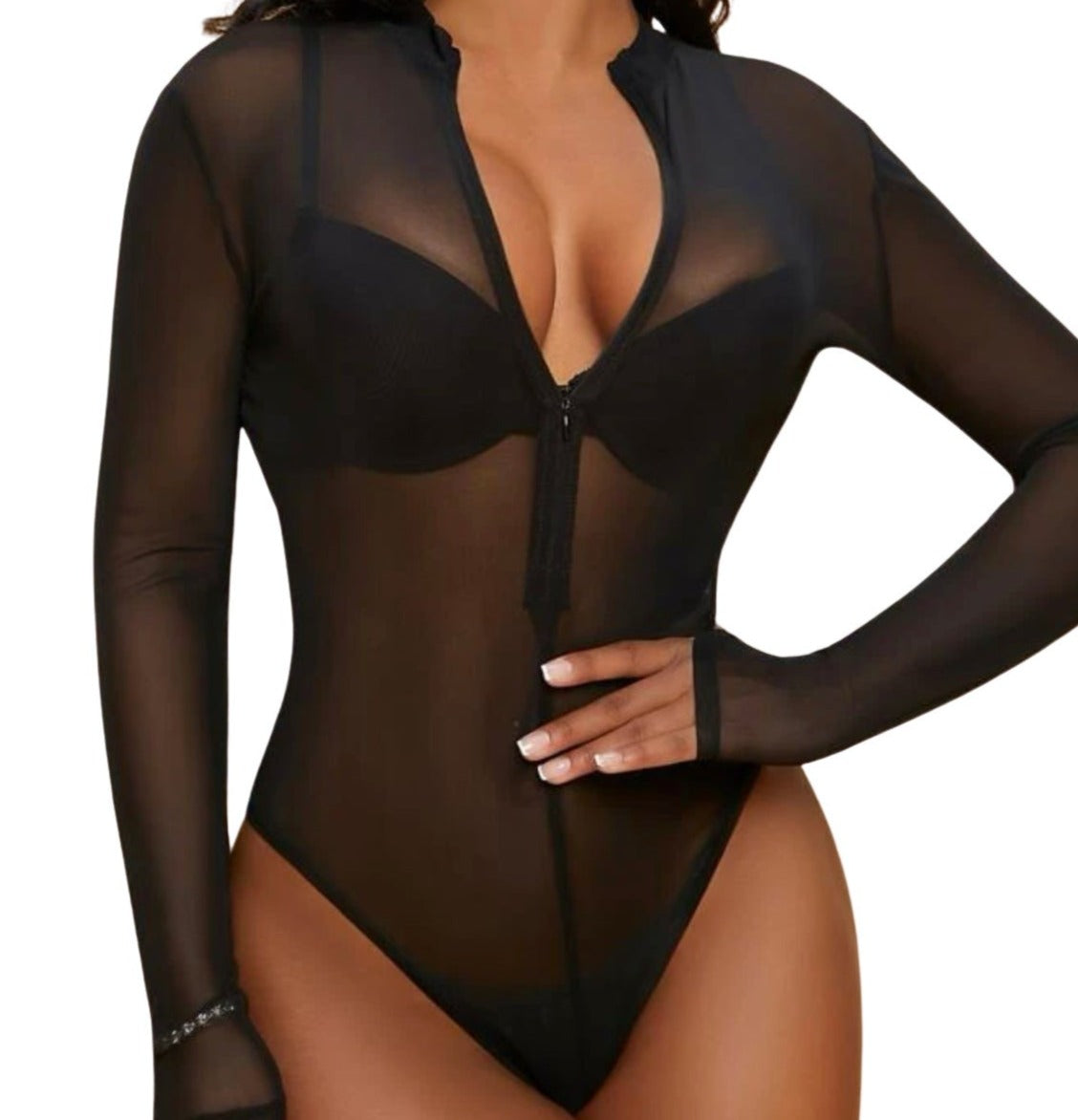 Black Mesh Bodysuit With Opaque Jersey Layers Sexy Sheer Bodysuit 