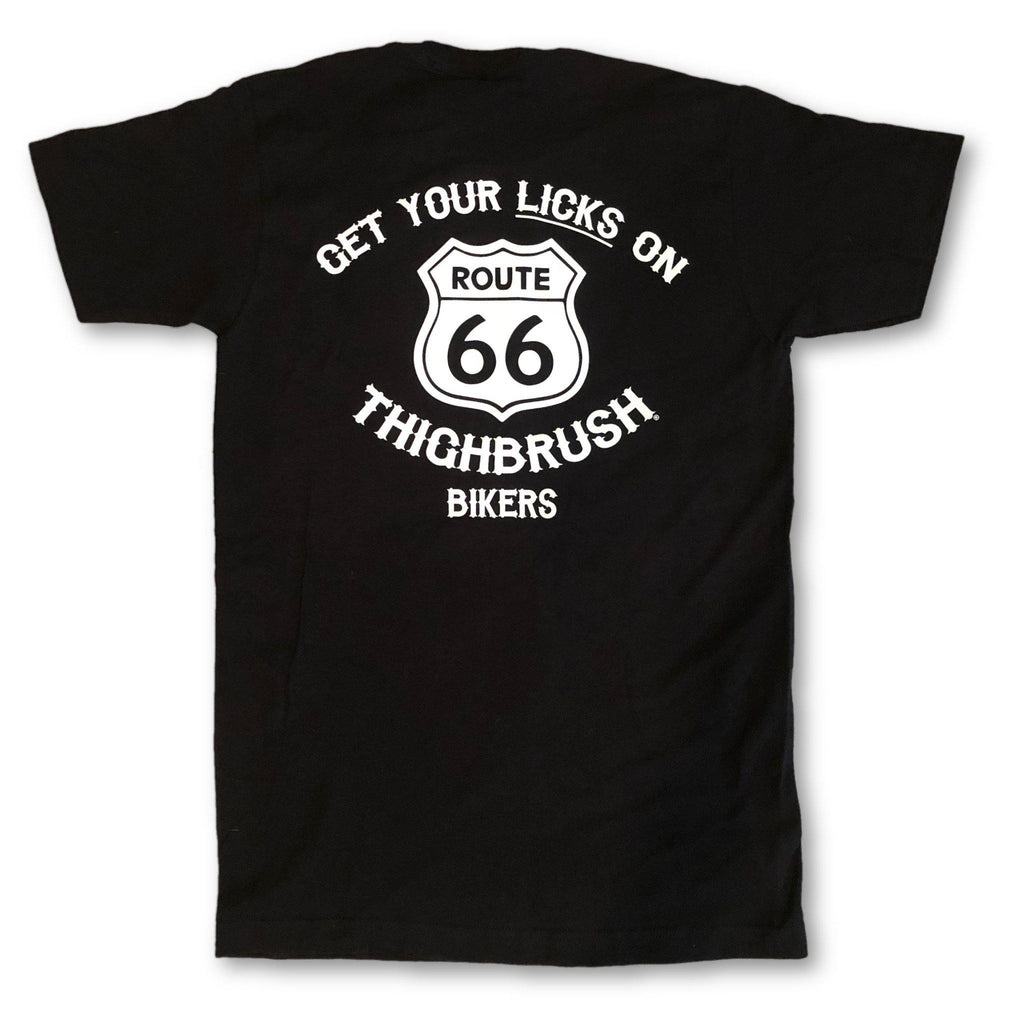 THIGHBRUSH® 21 Days of LICK-MAS - DEAL OF THE DAY - THIGHBRUSH® BIKERS "Get Your LICKS on Route 66" Men's T-Shirt in Black and White $14.99! - THIGHBRUSH®