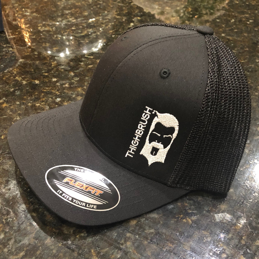 THIGHBRUSH - Trucker Snapback Hat - Black on Black with White Logo