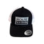 Front view of black foam panel trucker hat with white mesh sides and curved brim