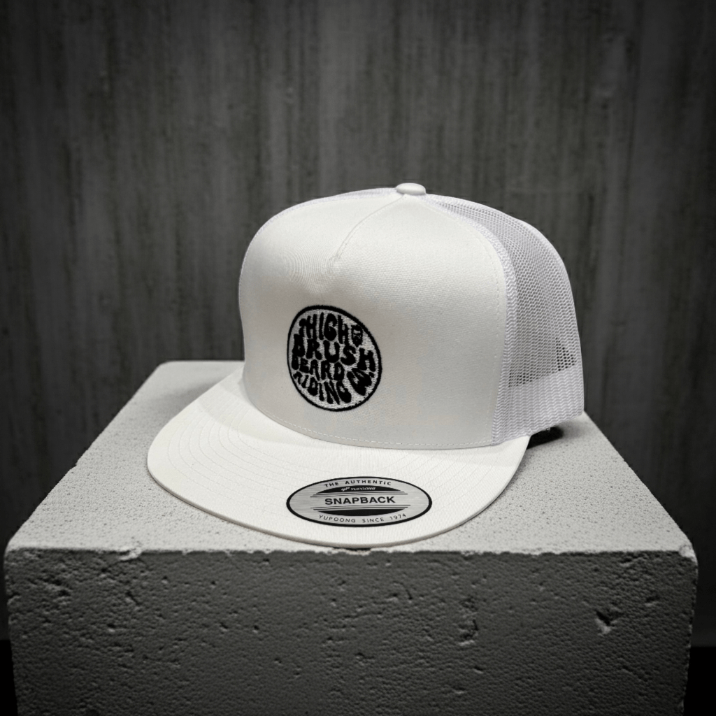 THIGHBRUSH® BEARD RIDING COMPANY - Flat Bill Trucker Snapback Hat - White with Black