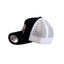 Side view highlighting white breathable mesh construction and structural curve of black brim