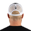 Back view of trucker hat showing white mesh back and adjustable plastic snap closure