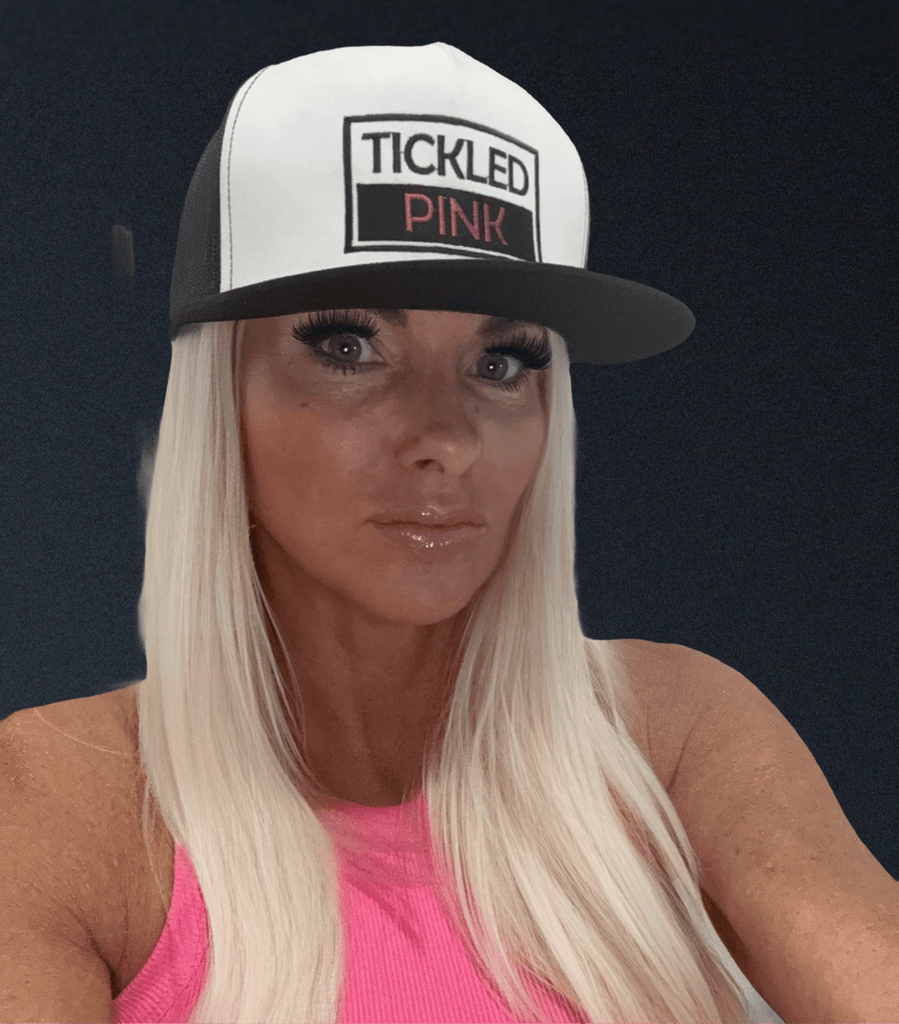 THIGHBRUSH® "TICKLED PINK" - Trucker Snapback Hat - White and Black - Flat Bill