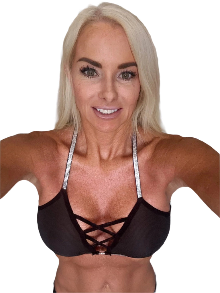 THIGHBRUSH® - Women's Criss Cross Front Bra - Black with Silver
