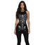 Dark-haired model wearing black skeleton print mini dress layered over opaque black leggings with black choker necklace