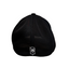Back view of black trucker hat featuring breathable mesh panel and centered white embroidered logo