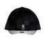 Close-up rear detail of black mesh texture and white shield-shaped face logo embroidery