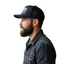 Side view of black fitted cap showing solid front panel and breathable mesh back construction
