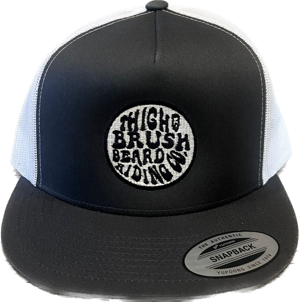 THIGHBRUSH® BEARD RIDING COMPANY - Flat Bill Trucker Snapback Hat - Charcoal Grey and White