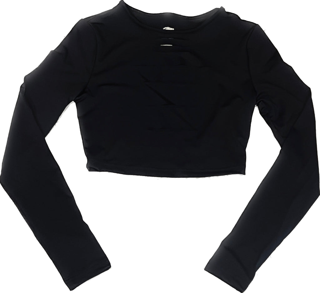 THIGHBRUSH® - Women's Slashed Front Long Sleeve Cropped Top - Black