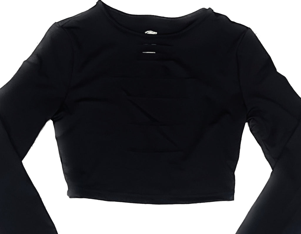 THIGHBRUSH® - Women's Slashed Front Long Sleeve Cropped Top - Black