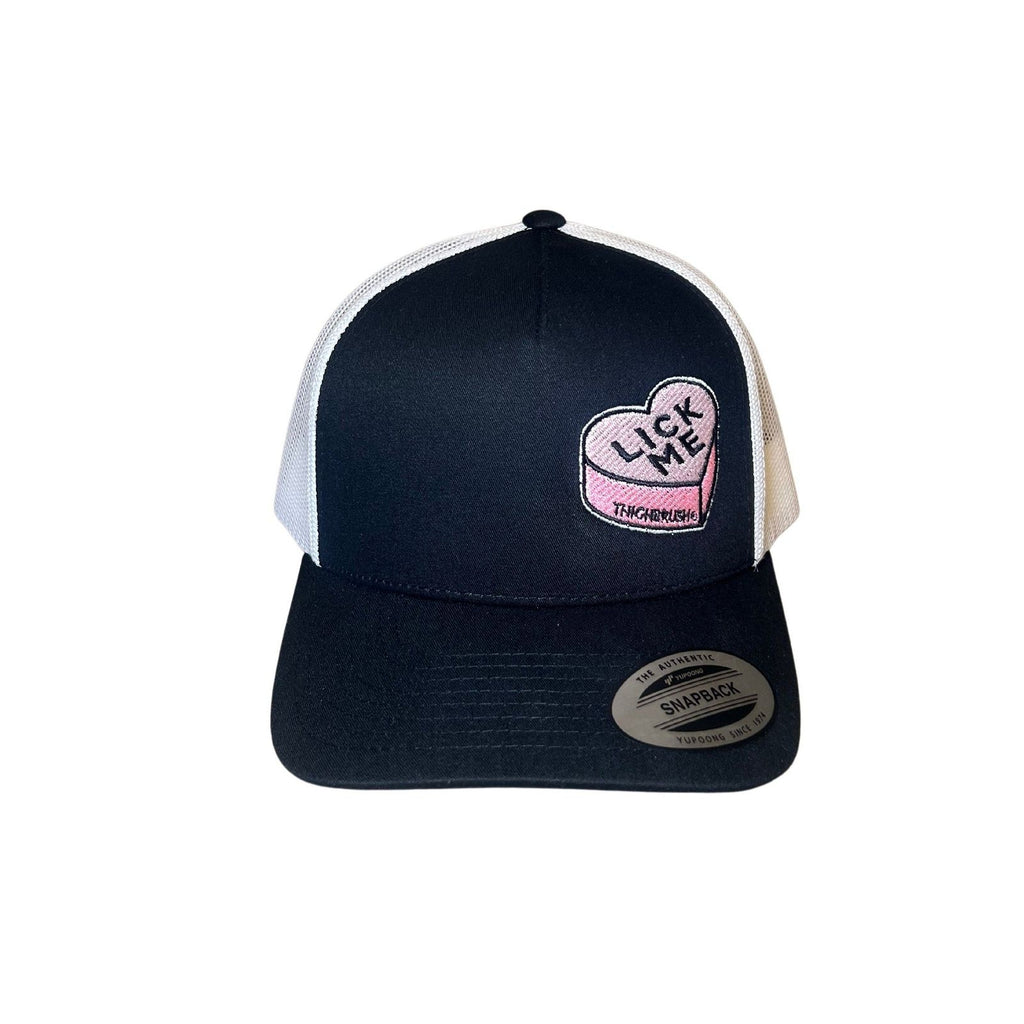 THIGHBRUSH® - LICK ME - Trucker Snapback Hat - Black and White - THIGHBRUSH® - THIGHBRUSH® 