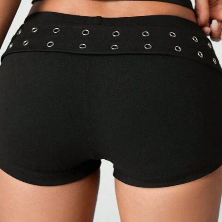 THIGHBRUSH® - Women's Grommet Belted Booty Shorts - Black
