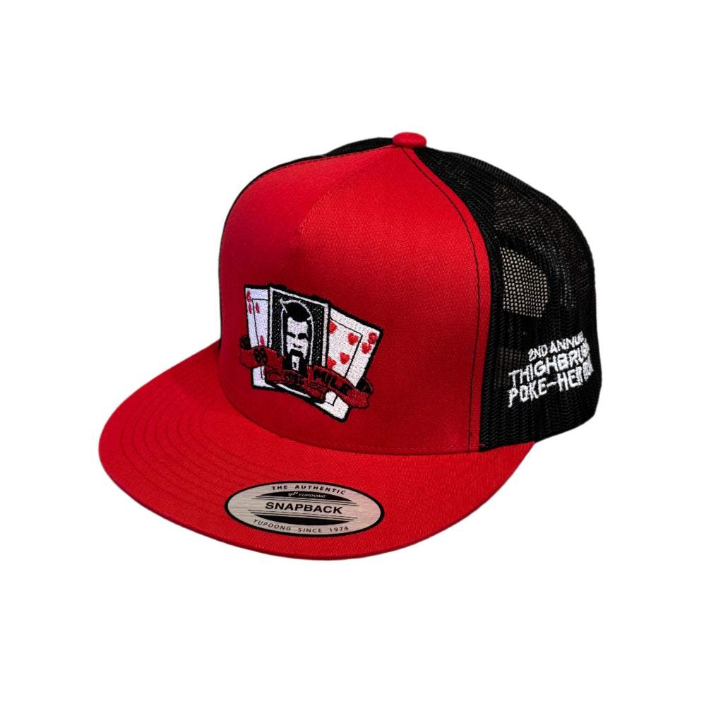 THIGHBRUSH® 69-MILE "POKE-HER RUN" - Flat Bill Trucker Snapback Hat - Red and Black