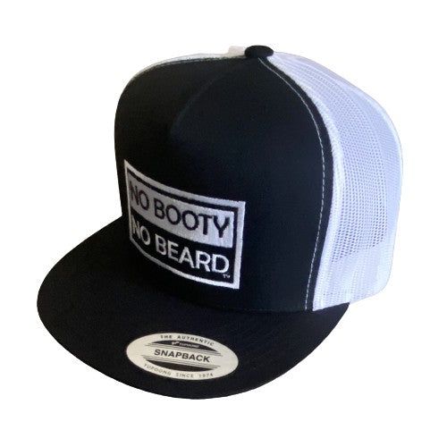 THIGHBRUSH® "NO BOOTY NO BEARD" - Trucker Snapback Hat - Black and White - Flat Bill