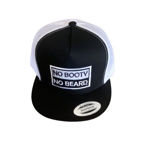 THIGHBRUSH® "NO BOOTY NO BEARD" - Trucker Snapback Hat - Black and White - Flat Bill