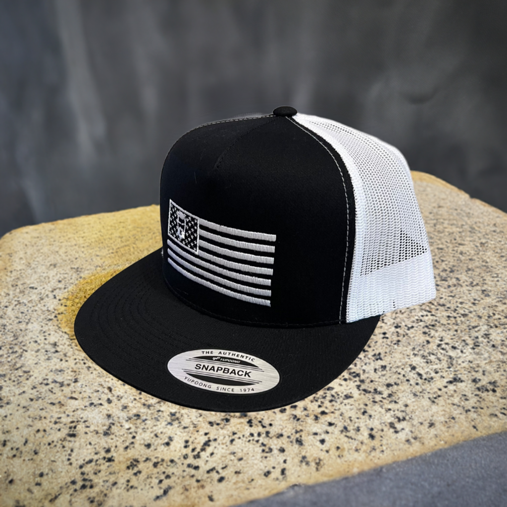 THIGHBRUSH® Patriotic Trucker Snapback Hat - Black and White - Flat Bill