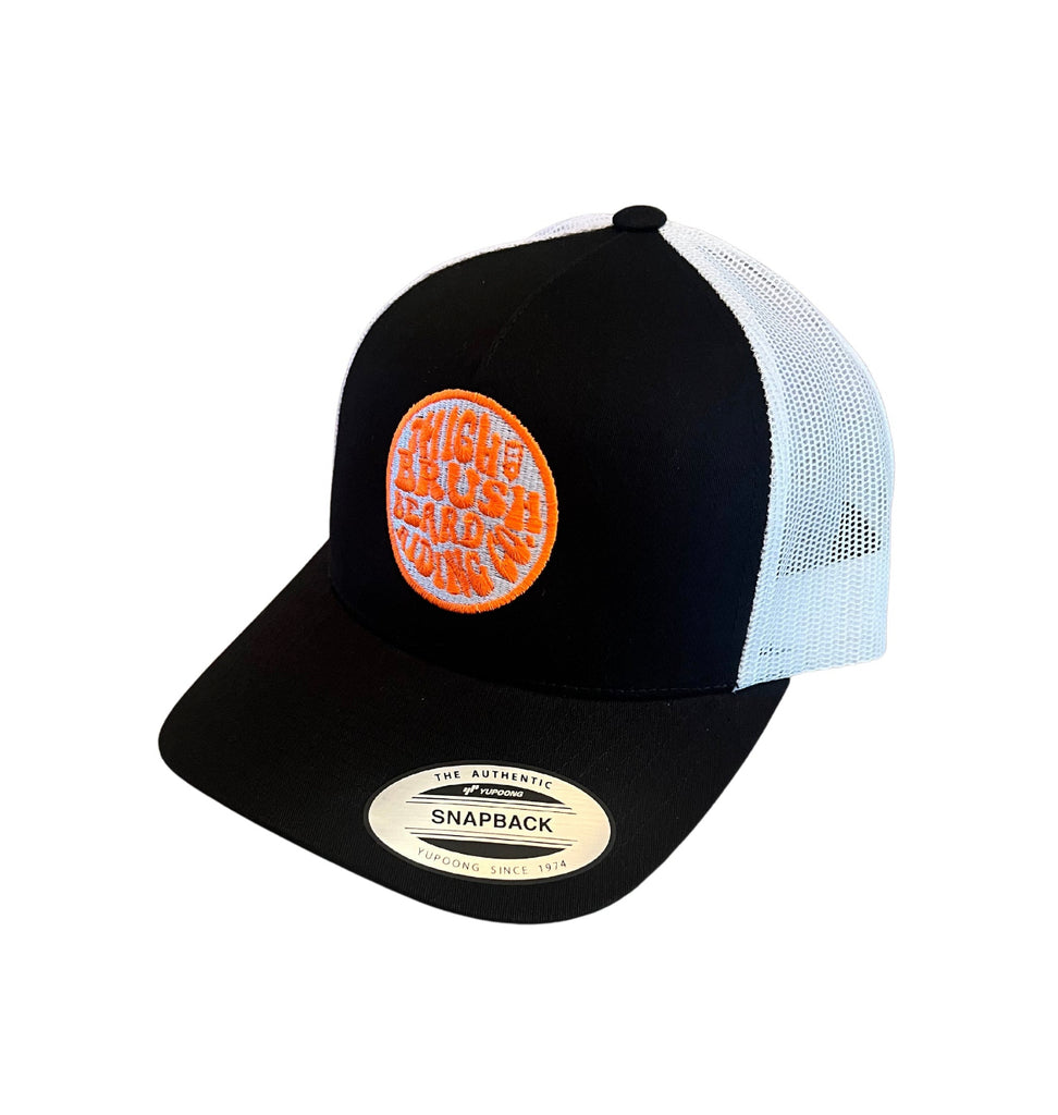 THIGHBRUSH® BEARD RIDING COMPANY - Trucker Snapback Hat - Black and White - Neon Orange - 