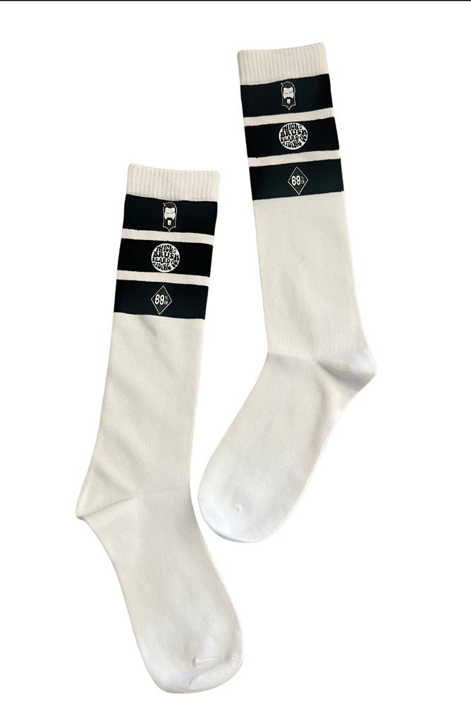 THIGHBRUSH® - Knee Hi Socks - Triple Striped Top - White