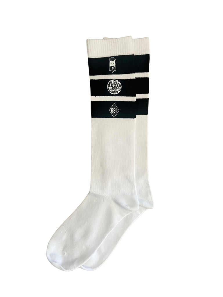 THIGHBRUSH® - Knee Hi Socks  - Triple Striped Top - White