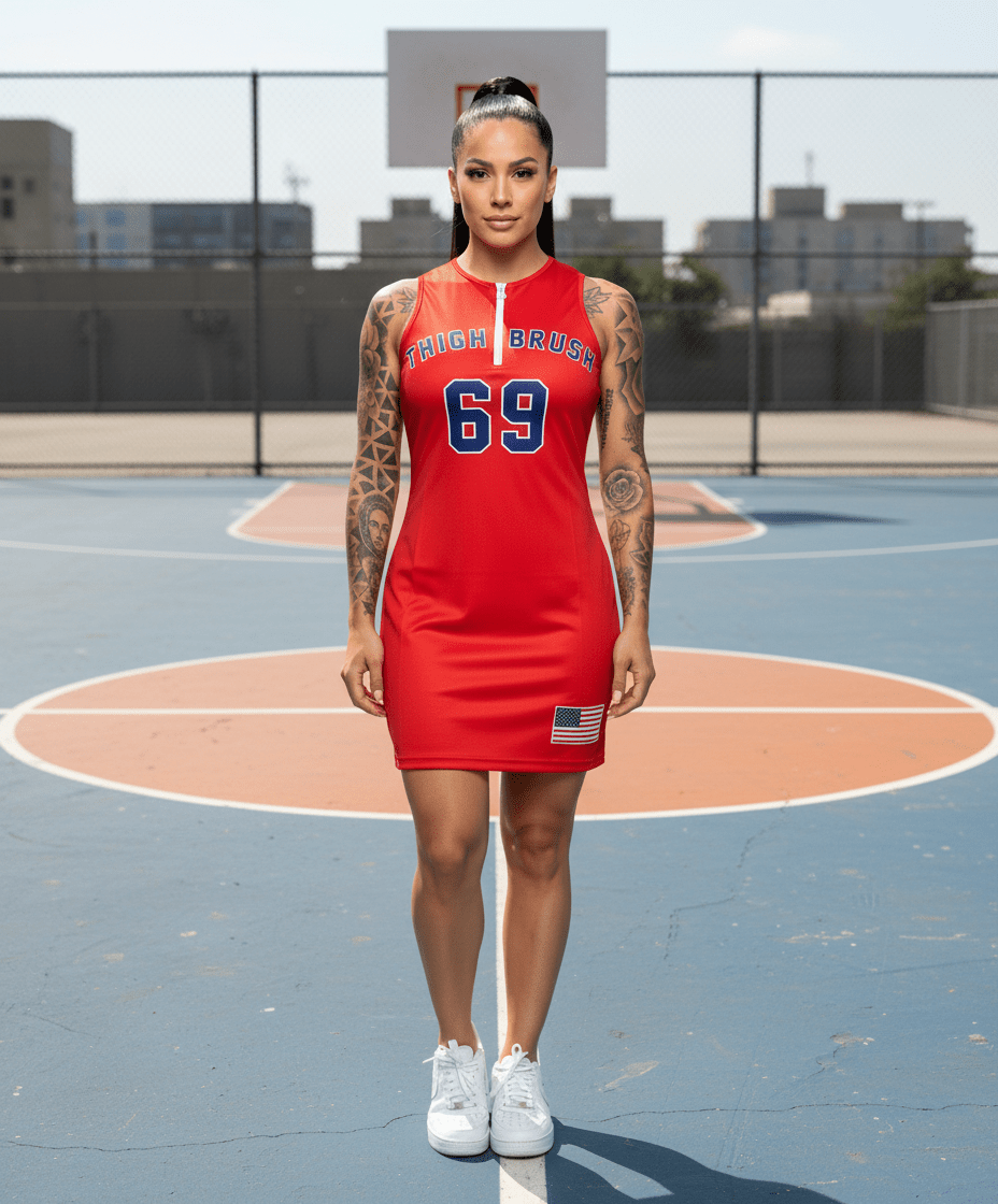 THIGHBRUSH ATHLETICS - THIGHBRUSH 69 - WOMEN'S BASKETBALL Jersey Dress - RED Jersey Dress / RED / Small THIGHBRUSH ATHLETICS - THIGHBRUSH 69 - WOMEN'S BASKETBALL Jersey Dress - RED Jersey Dress / RED / Small