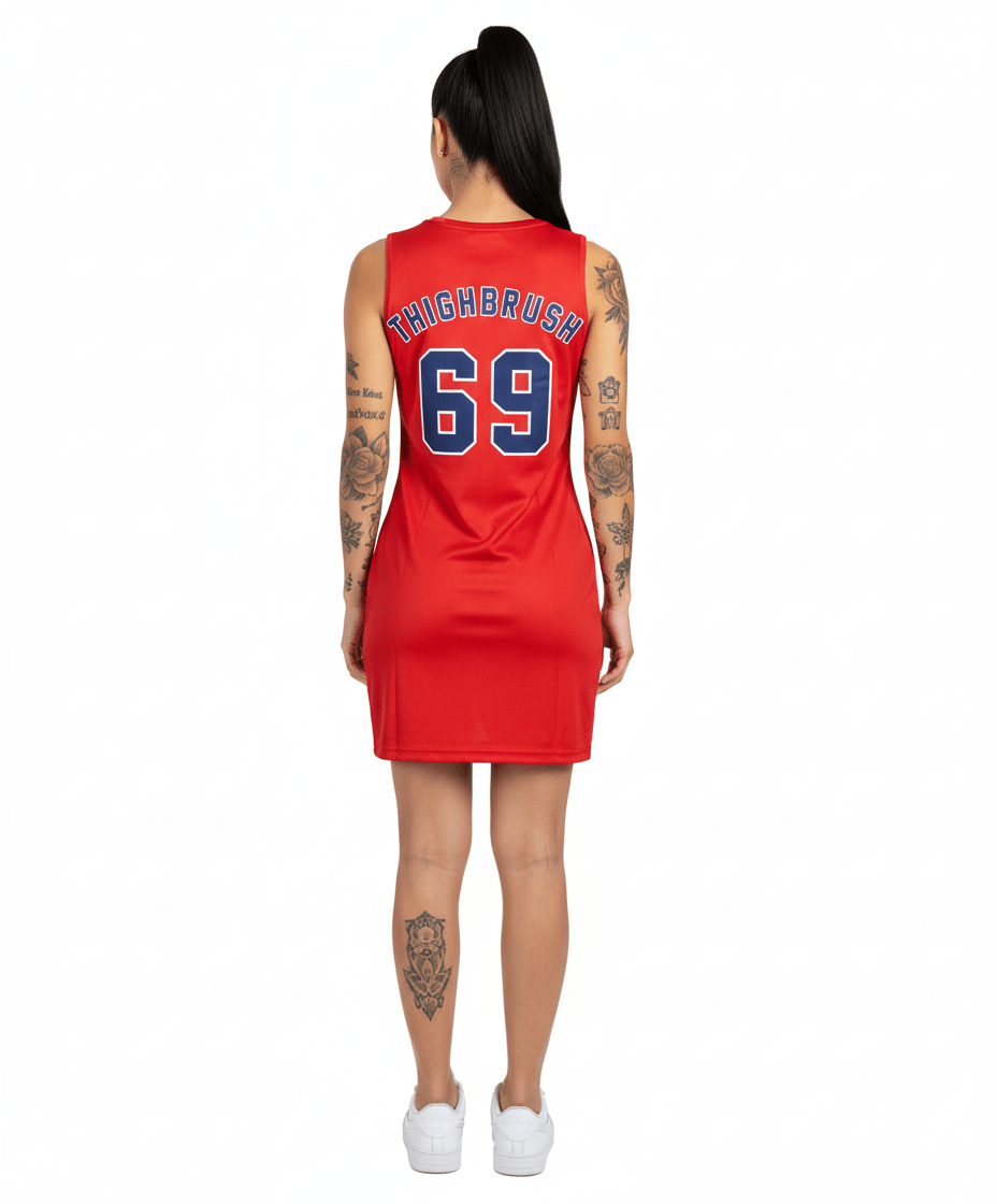 THIGHBRUSH ATHLETICS - THIGHBRUSH 69 - WOMEN'S BASKETBALL Jersey Dress - RED Jersey Dress / RED / Small THIGHBRUSH ATHLETICS - THIGHBRUSH 69 - WOMEN'S BASKETBALL Jersey Dress - RED Jersey Dress / RED / Small