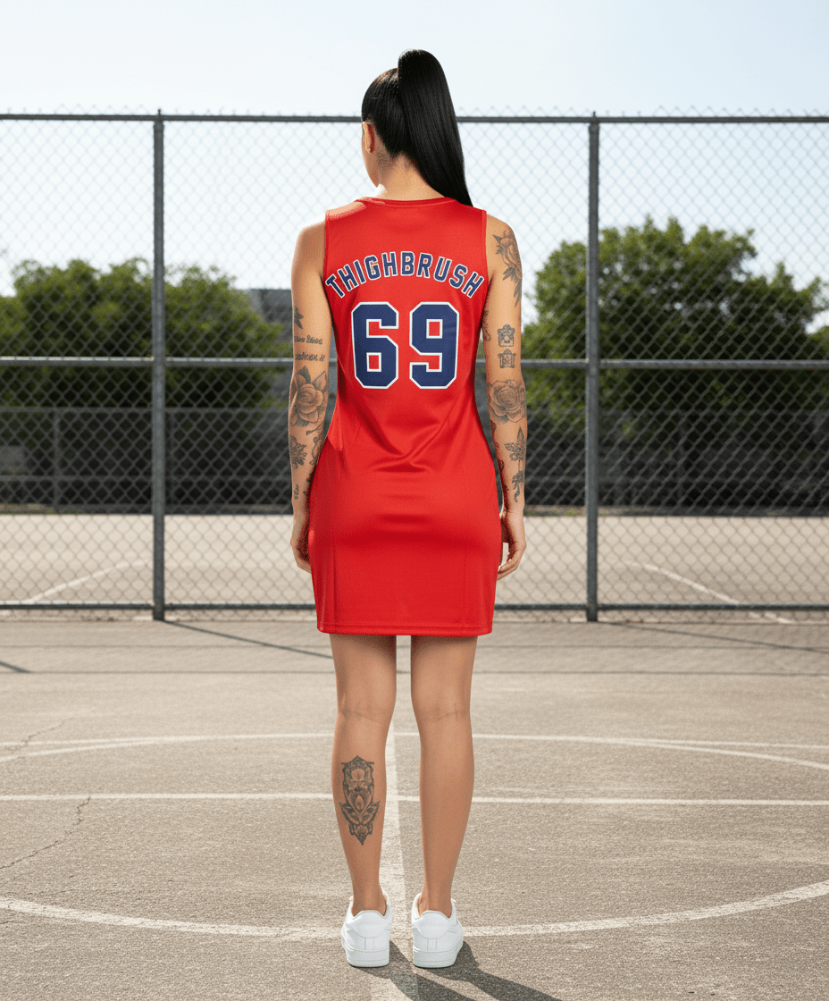 THIGHBRUSH ATHLETICS - THIGHBRUSH 69 - WOMEN'S BASKETBALL Jersey Dress - RED Jersey Dress / RED / Small THIGHBRUSH ATHLETICS - THIGHBRUSH 69 - WOMEN'S BASKETBALL Jersey Dress - RED Jersey Dress / RED / Small