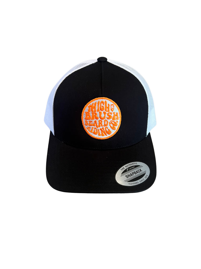 THIGHBRUSH® BEARD RIDING COMPANY - Trucker Snapback Hat - Black and White - Neon Orange