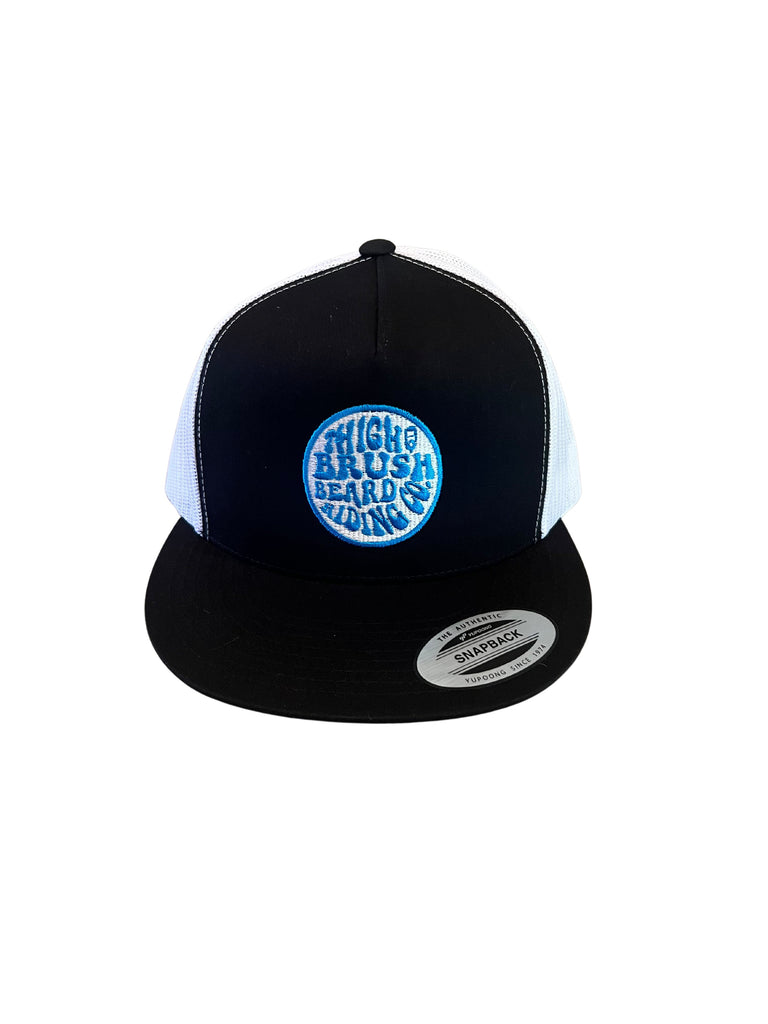 THIGHBRUSH® BEARD RIDING COMPANY - Trucker Snapback Hat - Black and White - Flat Bill - Neon Blue - 