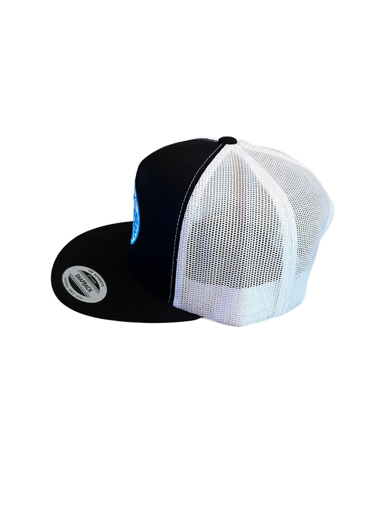 THIGHBRUSH® BEARD RIDING COMPANY - Trucker Snapback Hat - Black and White - Flat Bill - Neon Blue - 