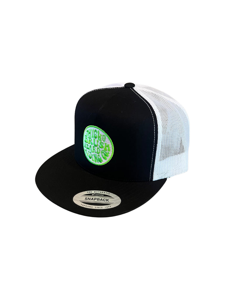 THIGHBRUSH® BEARD RIDING COMPANY - Trucker Snapback Hat - Black and White - Flat Bill - Neon Green - 