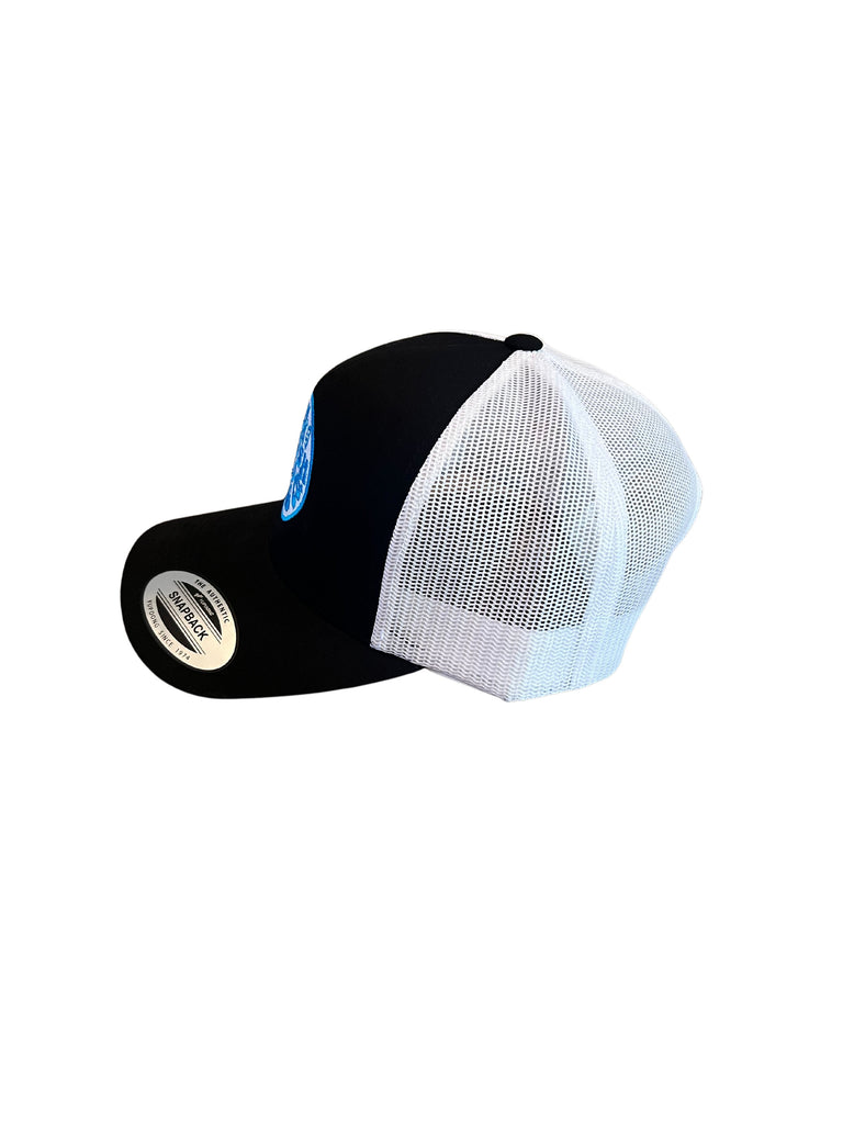 THIGHBRUSH® BEARD RIDING COMPANY - Trucker Snapback Hat - Black and White - Neon Blue - 
