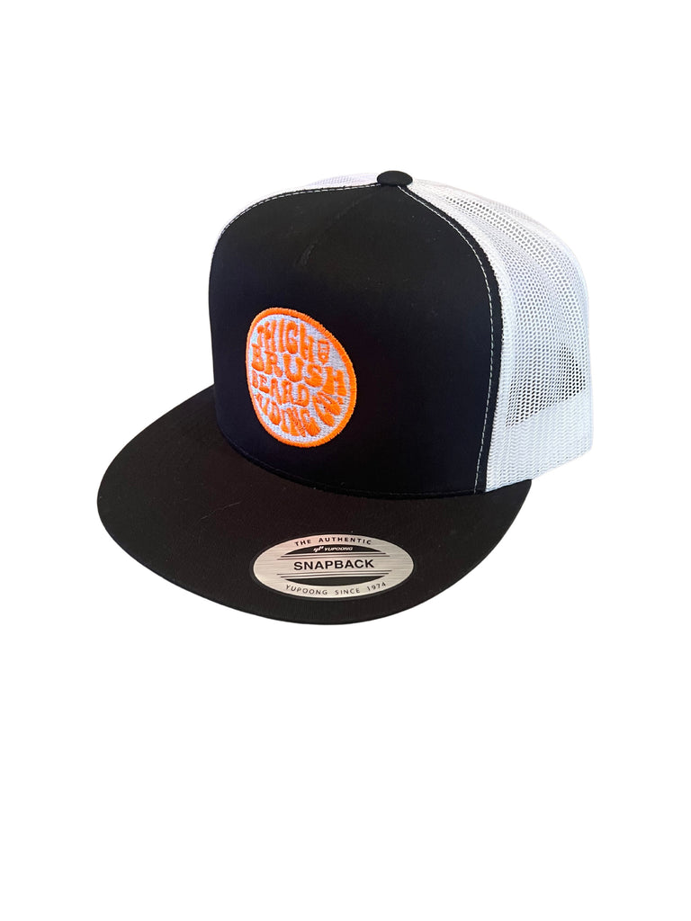 THIGHBRUSH® BEARD RIDING COMPANY - Trucker Snapback Hat - Black and White - Flat Bill - Neon Orange