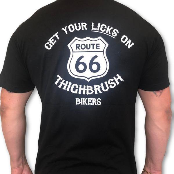 THIGHBRUSH® BIKERS - "Get Your LICKS on Route 66" - Men's T-Shirt - Black and White - thighbrush