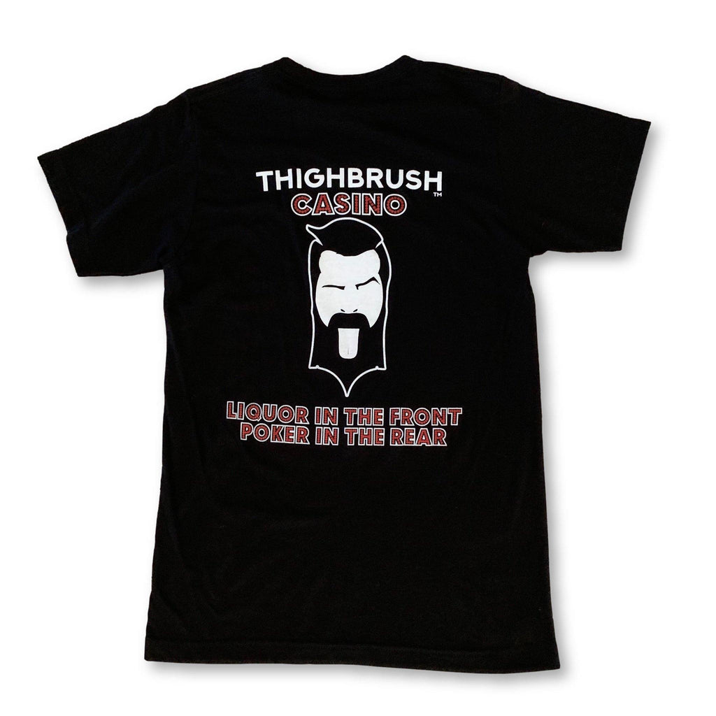 LIMITED EDITION - THIGHBRUSH® CASINO - Liquor in the Front, Poker in the Rear - Men's T-Shirt - Black with Red and White - thighbrush