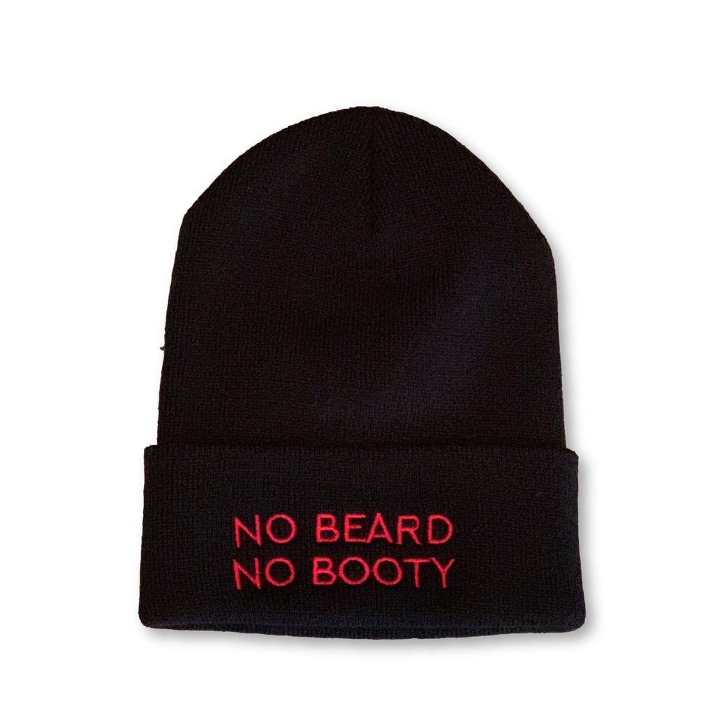 THIGHBRUSH® Cuffed Beanies - "NO BEARD, NO BOOTY" Embroidered on Front - Black with Pink - thighbrush