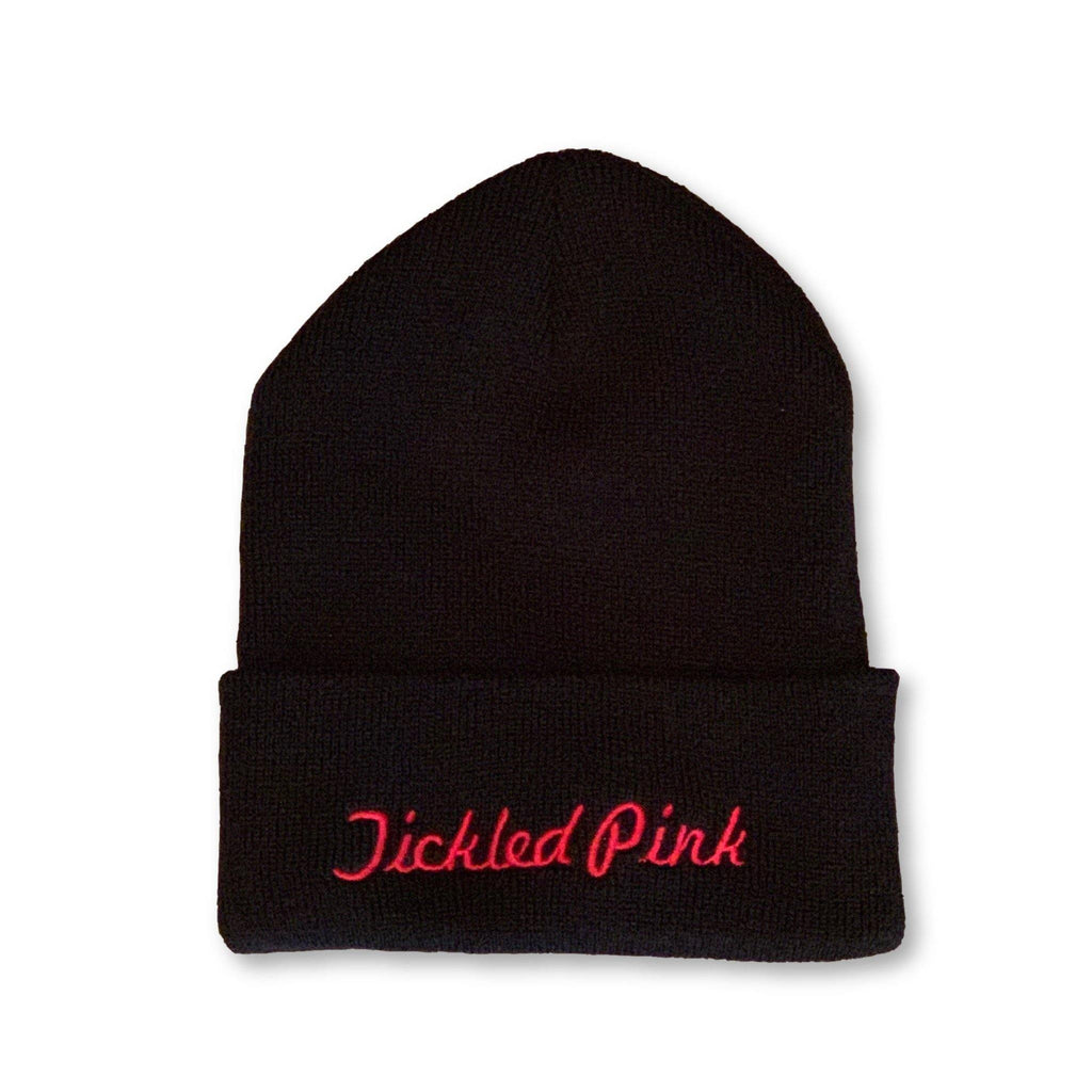 THIGHBRUSH® Cuffed Beanies - "Tickled Pink" Embroidered on Front - Black with Pink - thighbrush