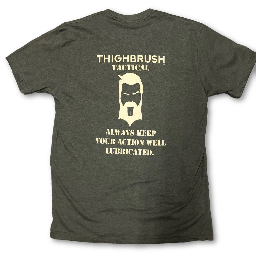 THIGHBRUSH TACTICAL - "Always Keep Your Action Well Lubricated" - Men's T-Shirt - Olive and Tan - thighbrush