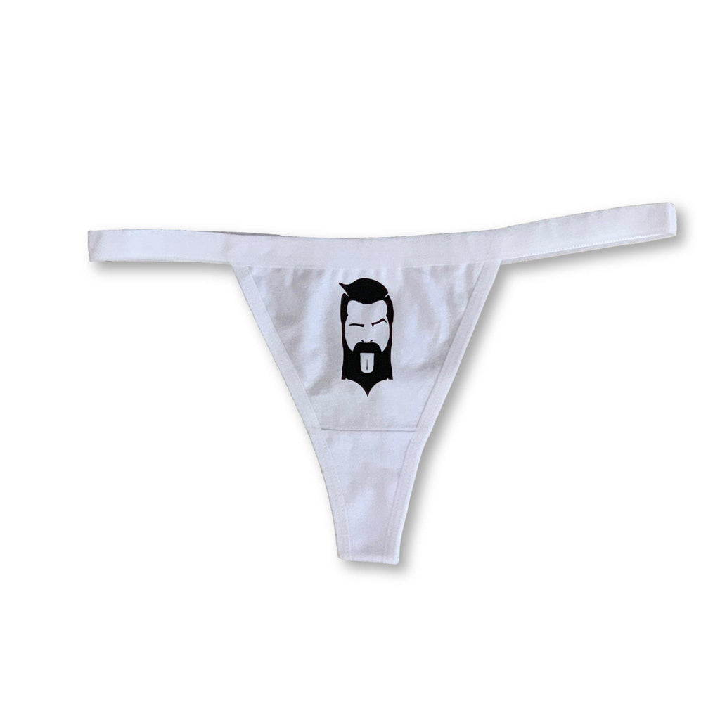 THIGHBRUSH® - Women's Thong Underwear - THIGHBRUSH® Face Logo - White - thighbrush